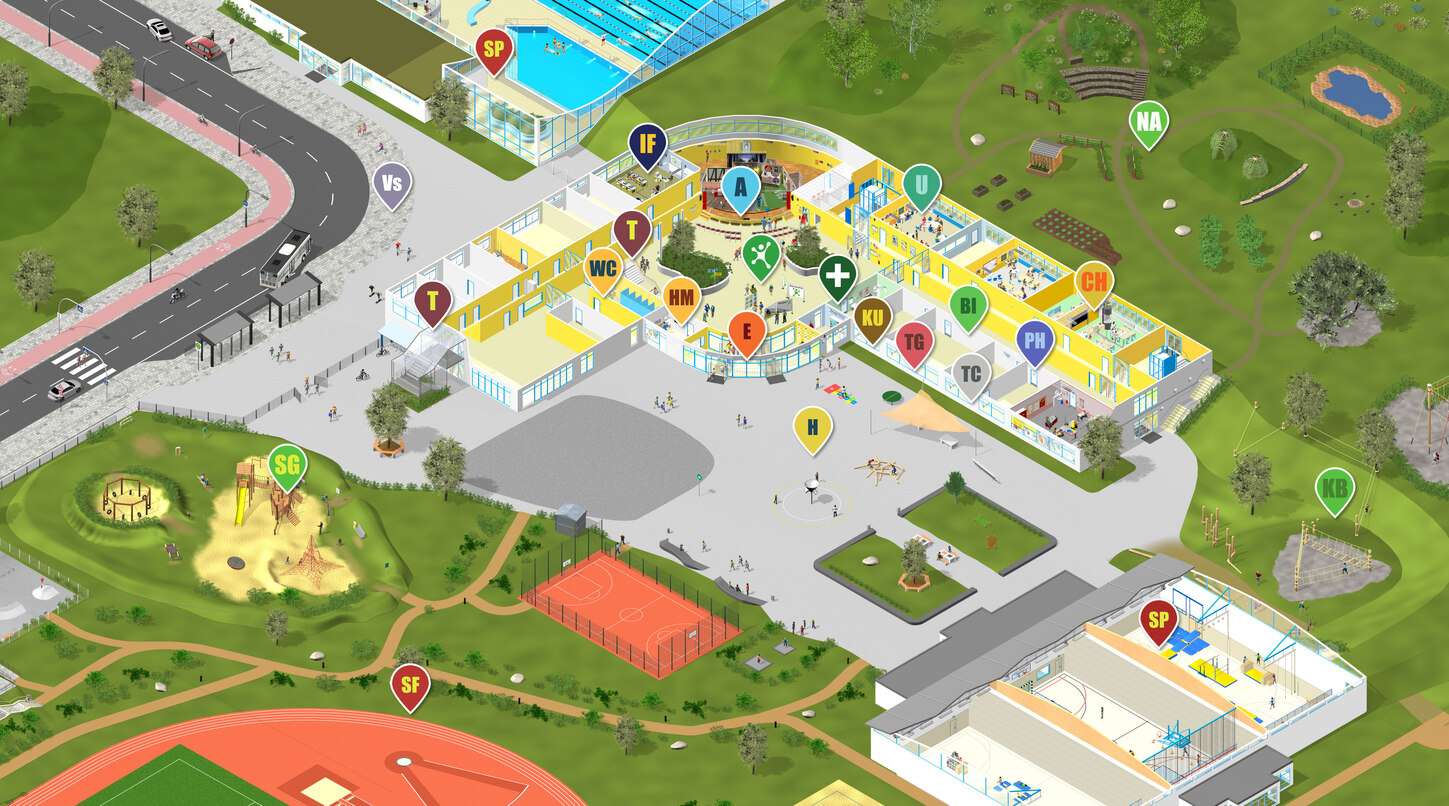 Draufsicht auf eine virtuelle Schule als Skizze mit eingezeichneten Einzelzonen